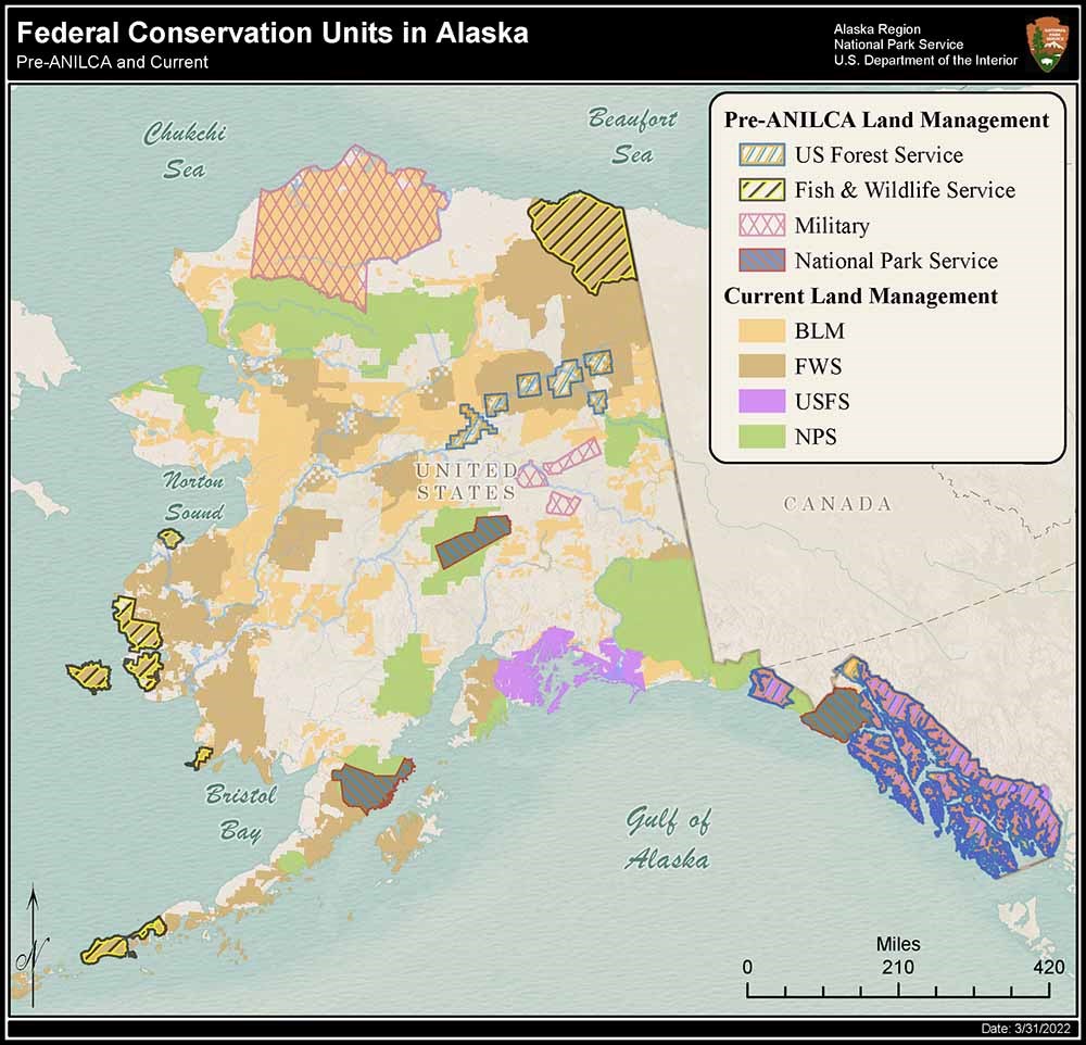 Illustrative image. A map of Alaska showing conservation units that existed prior to ANILCA and the protected lands expanded by ANILCA.