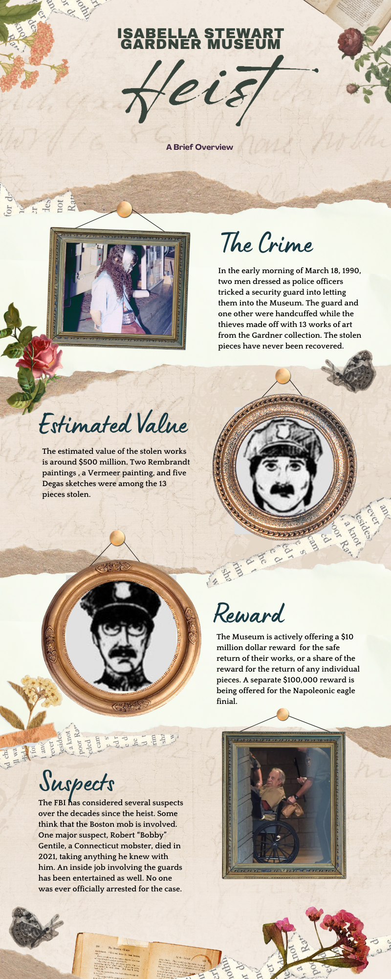 Infographic about the Isabella Stewart Gardner Museum it features a photo from the crime scene, sketches of the suspects, and a photo of suspect Robert Gentile. The estimated value of the 13 stolen pieces was around $500 million. The museum is offering a $10 million reward for the return of the works.