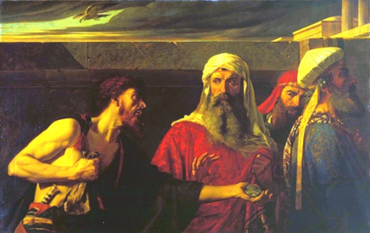 Judas attempts to return the silver coins he has received for betraying Jesus.