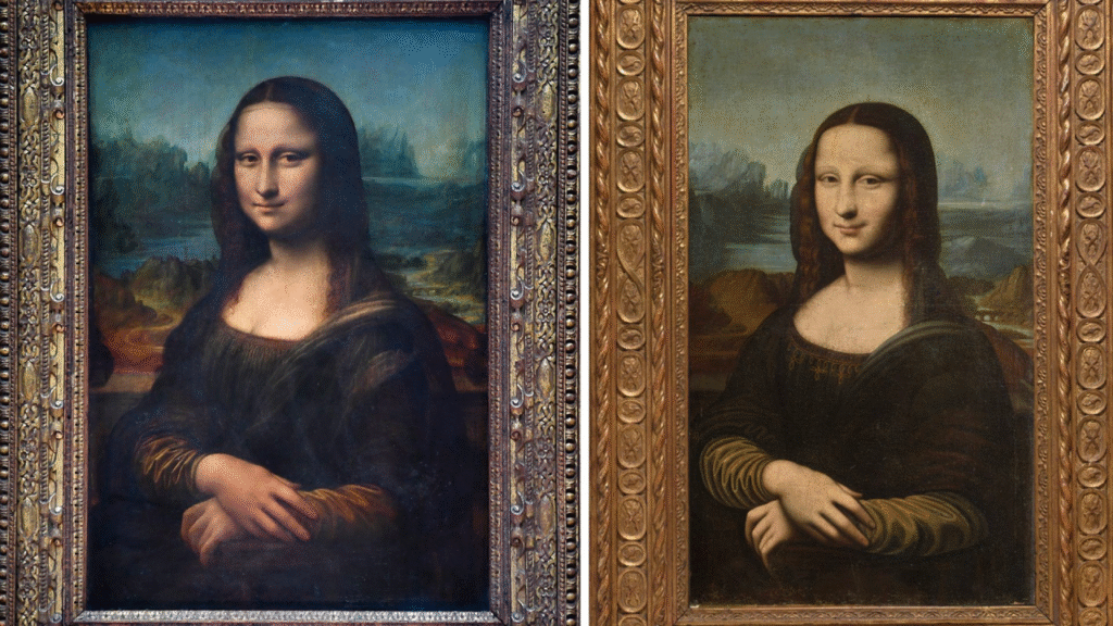 This image displays the authentic painting titled "Mona Lisa" side by side with a fake of the same painting.