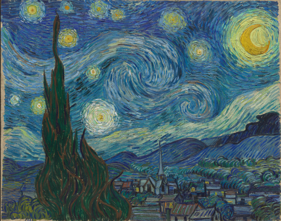 This image depicts a print of "The Starry Night" by Vincent Van Gogh located at the Museum of Modern Art gift shop.