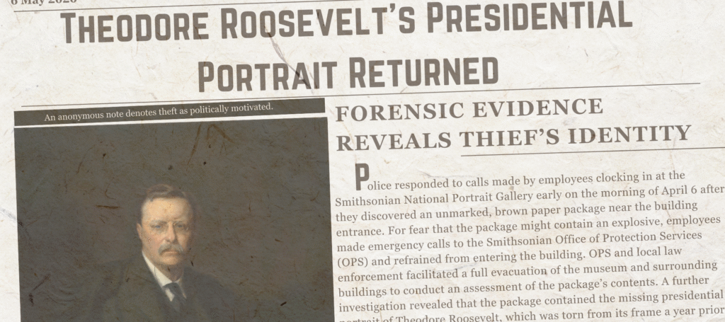 Decorative image. A newspaper headline reads as follows. "Theodore Roosevelt's Presidential Portrait Returned." Subtitle reads as follows. "Forensic Evidence Reveals Thief's Identity." The image caption reads as follows. "An anonymous note denotes theft as politically motivated." Body text reads as follows. "Police responded to calls made by employees clocking in at the Smithsonian National Portrait Gallery early on the morning of April 6 after they discovered an unmarked, brown paper package near the building entrance. For fear that the package might contain an explosive, employees made emergency calls to the Smithsonian Office of Protection Services (OPS) and refrained from entering the building. OPS and local law enforcement facilitated a full evacuation of the museum and surrounding buildings to conduct an assessment of the package’s contents. A further investigation revealed that the package contained the missing presidential portrait of Theodore Roosevelt, which was torn from its frame a year prior."