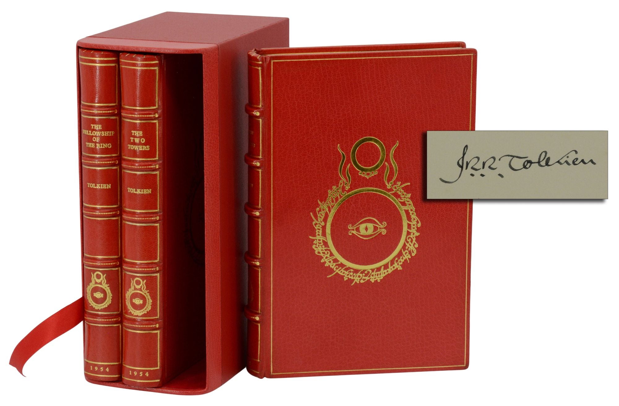 Image of red leather bound books in a slipcase. A collection of the Lord of the Rings by J.R.R Tolkien