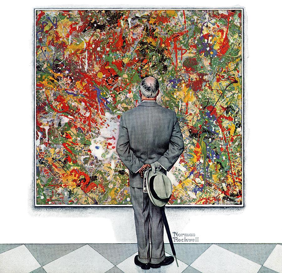 This painting depicts an art connoisseur staring at a large, colorful painting in an exhibit.