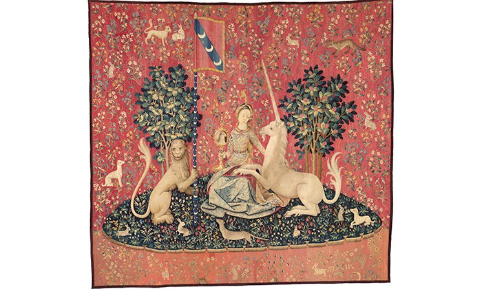 This image depicts one of the tapestries in the Lady and the Unicorn tapestry series. It is included as an example of a medieval tapestry, which a forger would need to study to pull off a successful forgery.