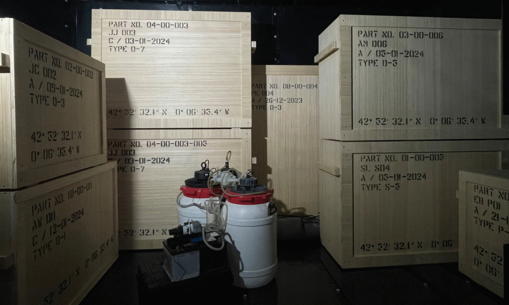 Decorative image. Crates full of masterpieces stored inside Molodkin's self-destructing safe. The pneumatic pump and two barrels that would destroy the contents of the safe are positioned in between the crates.