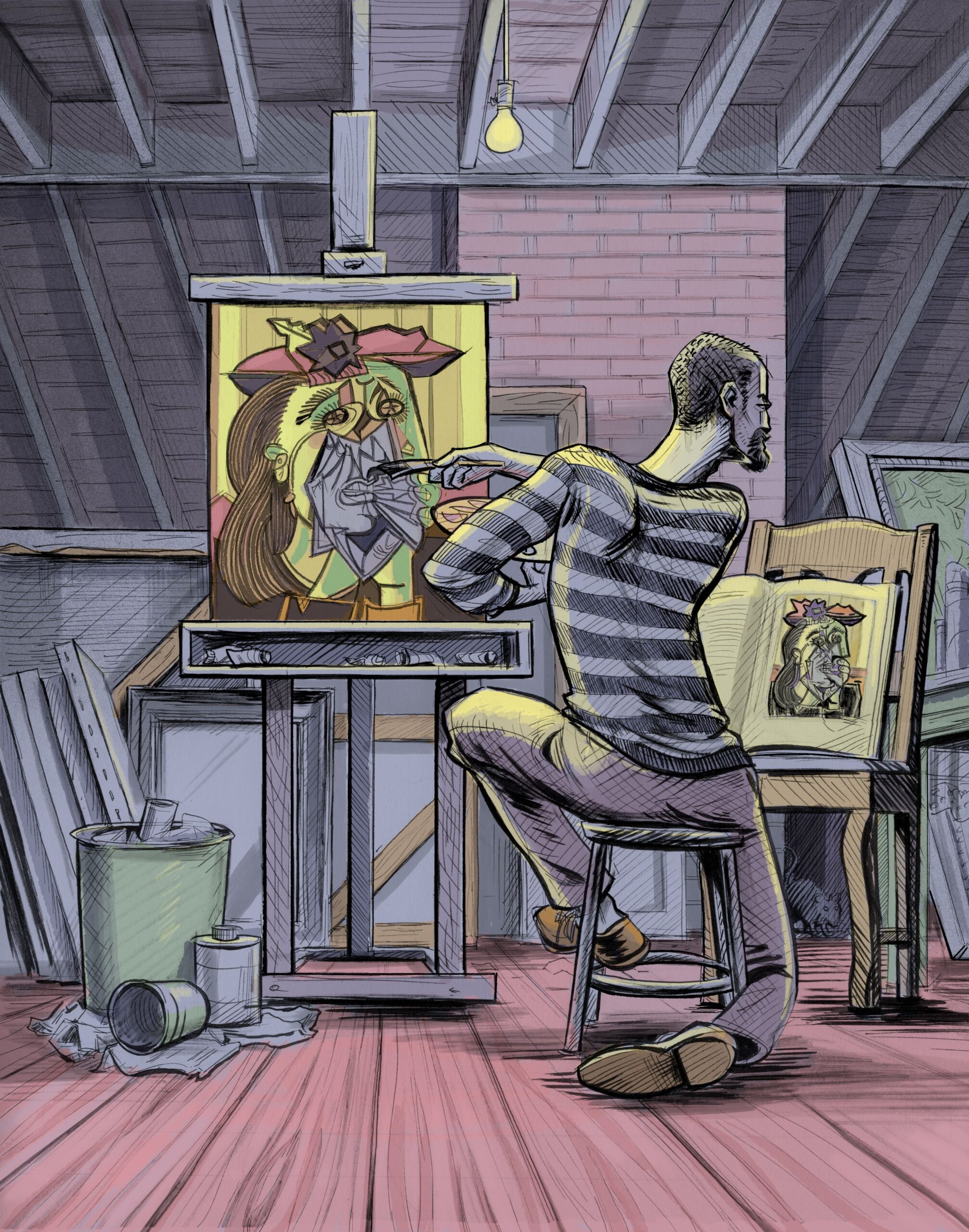 This graphic image shows a man working on a forgery of a Picasso painting.