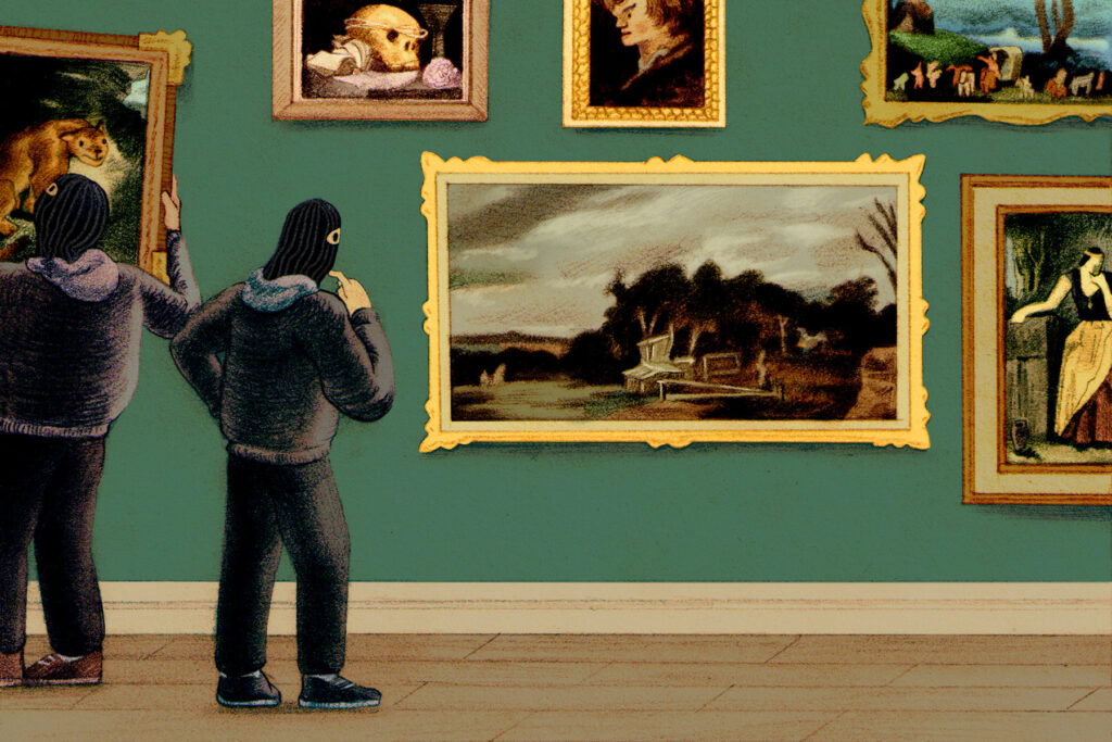 This graphic image shows two people stealing paintings in frames off the wall of a gallery.