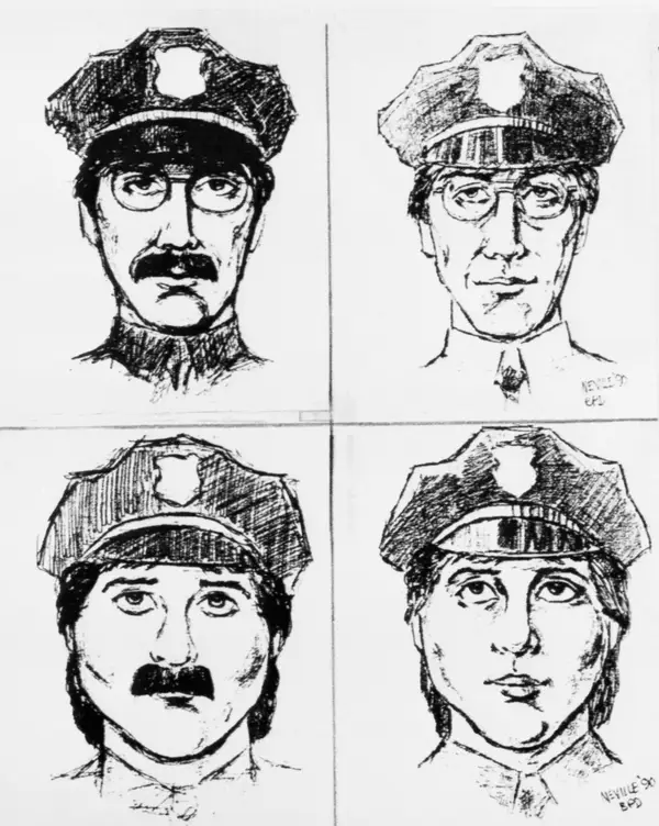 This image depicts two possible sketches of the duo that dressed as police officers to steal from the Isabella Stewart Gardner Museum in Boston in 1990.