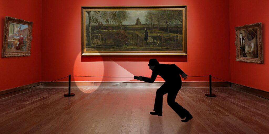 This graphic image shows a burglar with a flashlight looking through an art exhibit for something to steal.
