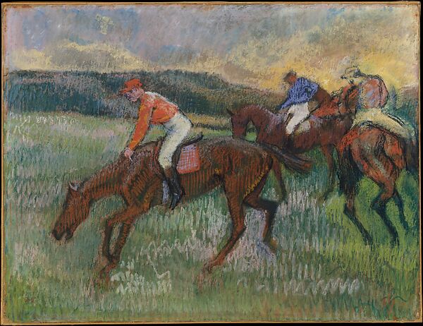 Chalk pastel of horses and jockeys by Degas
