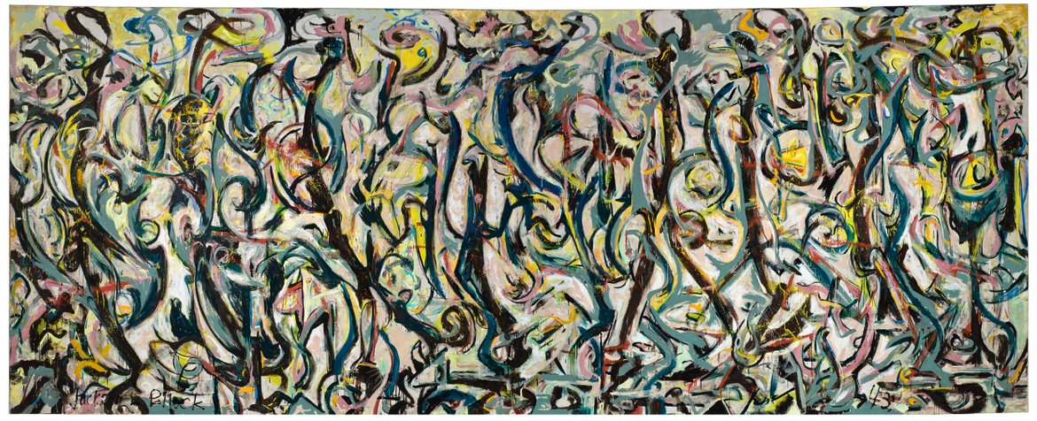 A large abstract painting by Jackson Pollock featuring swirls of black, green, yellow, and pink.
A large abstract painting by Jackson Pollock featuring swirls of black, green, yellow, and pink.
Jackson Pollock, Mural, 1943. Oil and casein on canvas, 7 feet 11 inches x 19 feet 10 inches. University of Iowa Museum of Art, Gift of Peggy Guggenheim, 1959.6. Reproduced with permission from The University of Iowa © 2020 The Pollock-Krasner Foundation/Artists Rights Society (ARS), New York