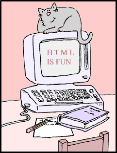 cat on a monitor that says: HTML is fun